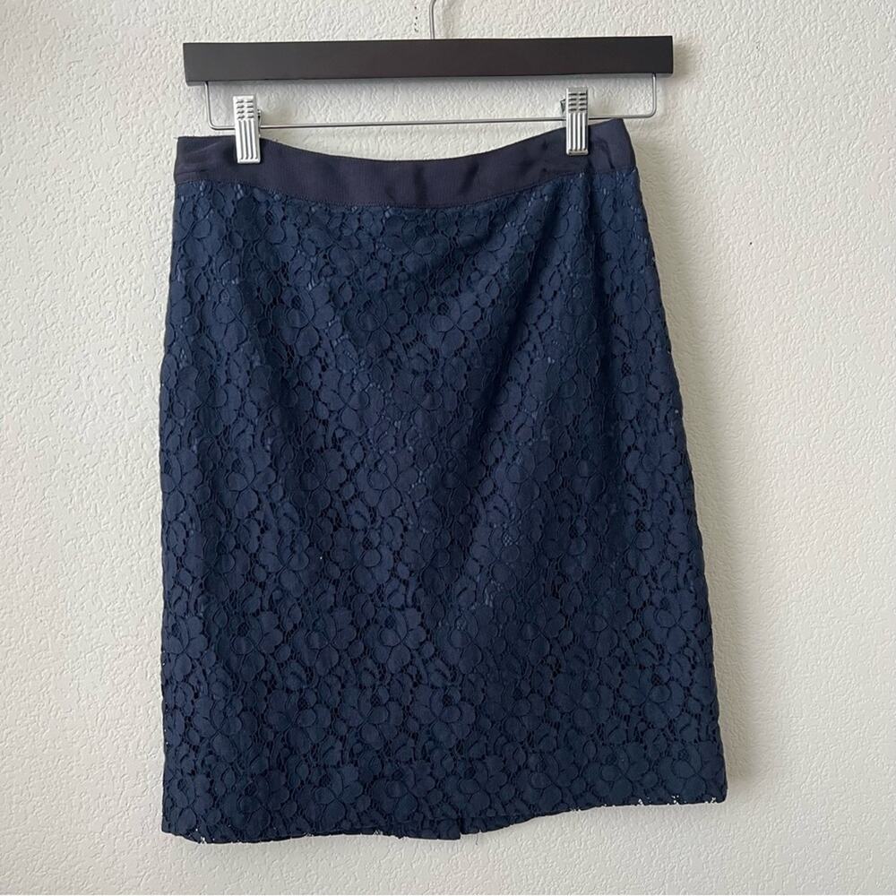 J Crew Factory The Pencil Skirt navy blue lace grosgrain ribbon